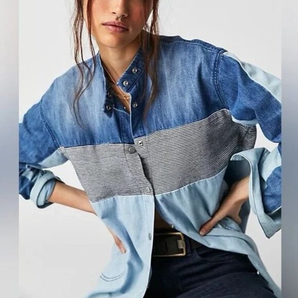 NEW Free People Moto Colorblock Shirt XS - Picture 3 of 12